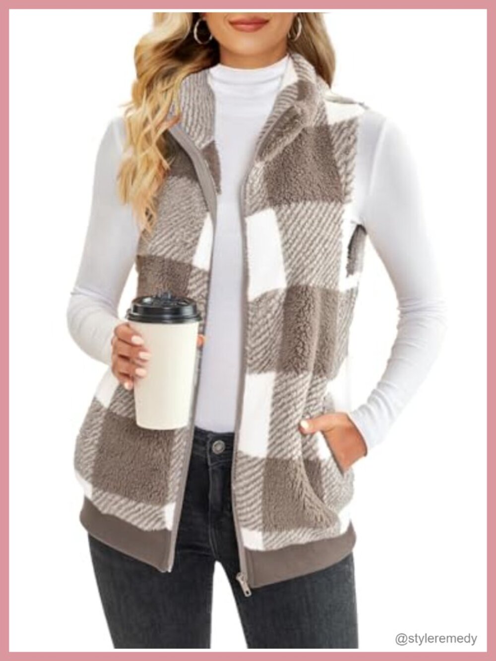 Sherpa Fleece Plaid Vest Zip Up Sleeveless Fuzzy Winter Jacket with Pockets